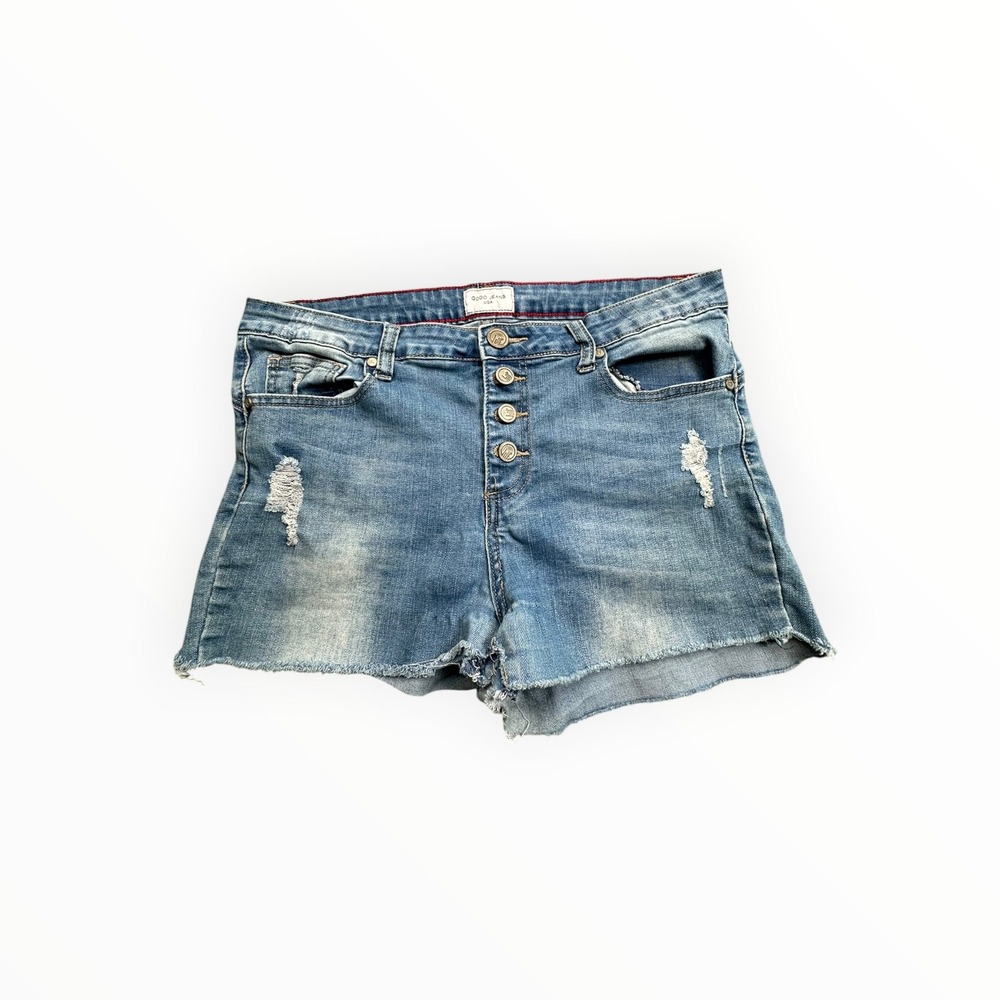 Gogo Jeans Denim Shorts Womens 13‎ Blue High Rise Button Fly Distressed Frayed